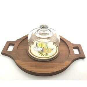 Vintage Goodwood Round Cheese Cracker Serving Tray Glass Dome Genuine Teak 16 in